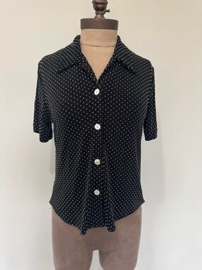 Coldwater Creek Black Polka Dot Button-Front Short Sleeve Top
